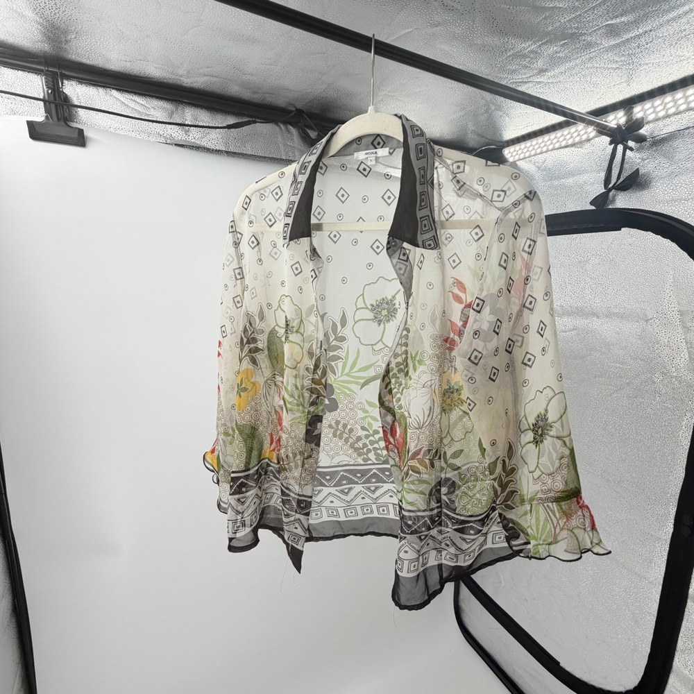 Nicola Sheer Floral Geometric‎ Print Button Down Blouse Ruffle Cuff Large